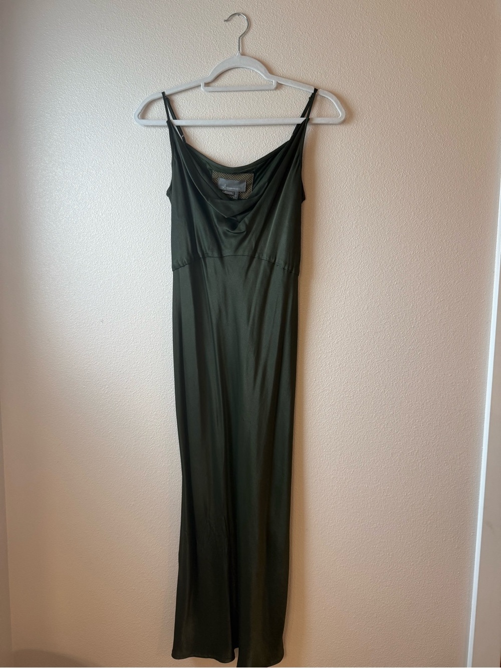 Anthropologie Olive Green Satin Slip Maxi Dress